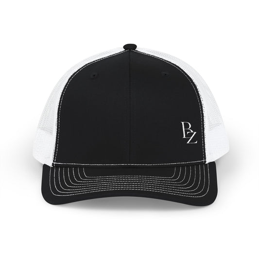 Embroidered 'BZ' Snapback Trucker Cap — Black Front White Mesh Hat