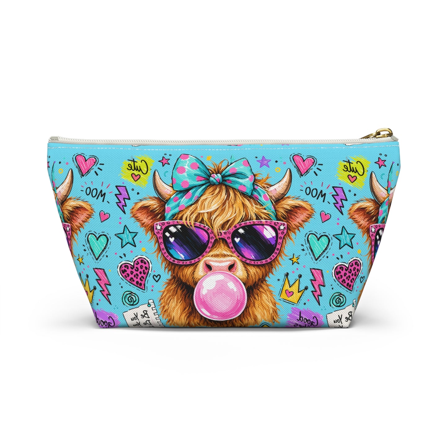 Cute Cow Bubblegum Accessory Pouch — Zippered T‑Bottom Makeup Bag