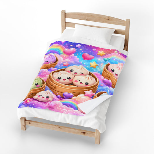 Kawaii Dim Sum Velveteen Plush Blanket — Rainbow Dumpling Throw