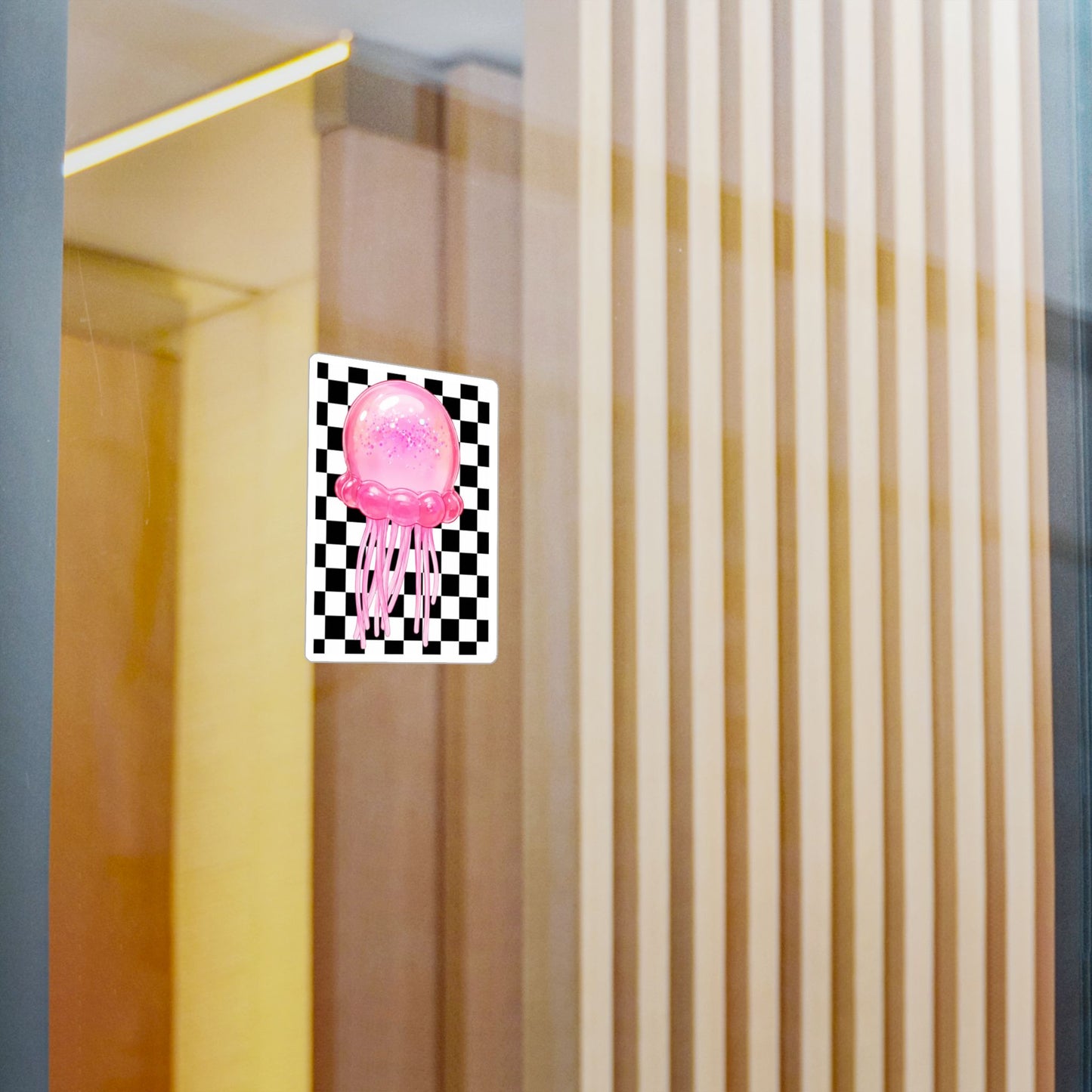 Pink Jellyfish Vinyl Sticker — Glitter Jelly on Black & White Checkered Background (Kiss-Cut Decal) - need stickers - kids squishy sticker