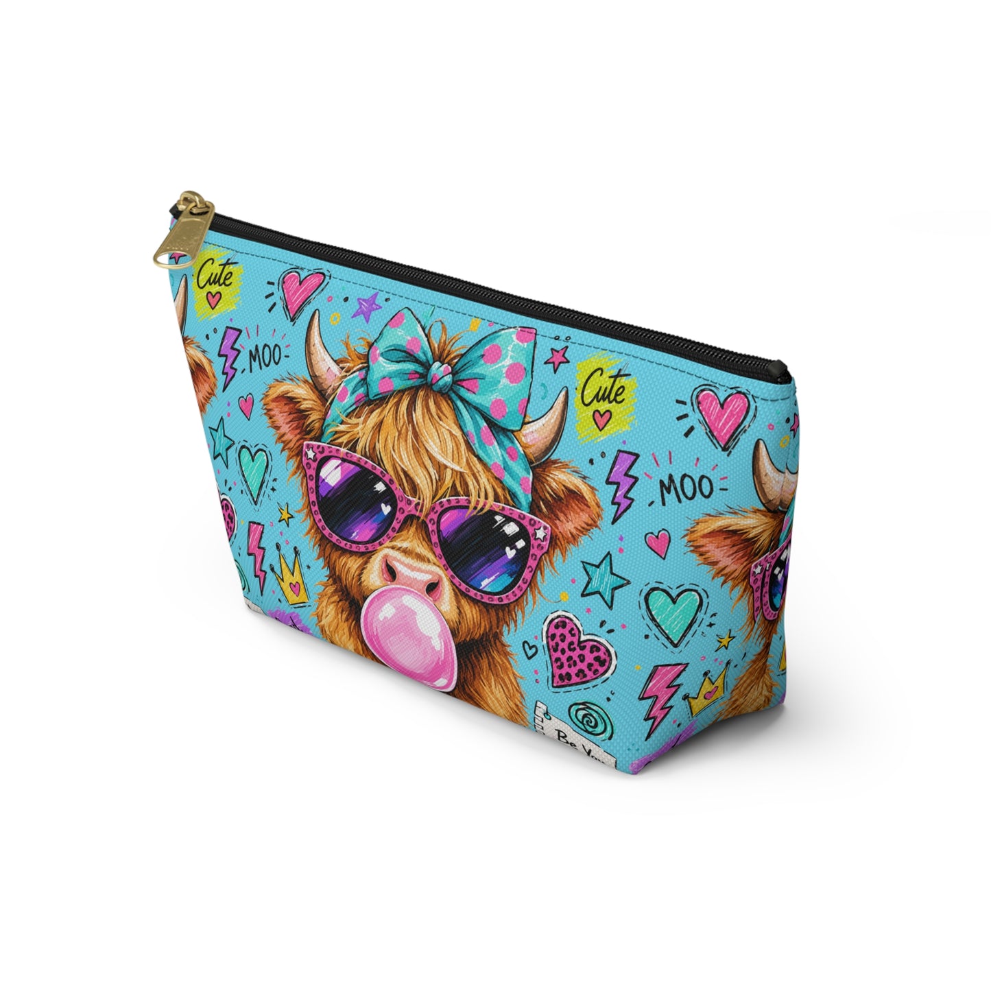 Cute Cow Bubblegum Accessory Pouch — Zippered T‑Bottom Makeup Bag