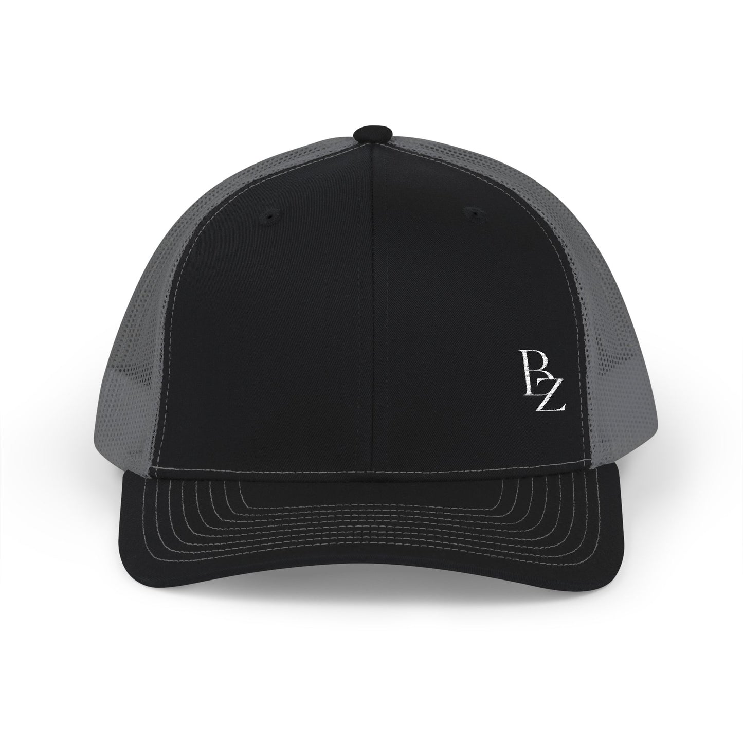 Embroidered 'BZ' Snapback Trucker Cap — Black Front White Mesh Hat