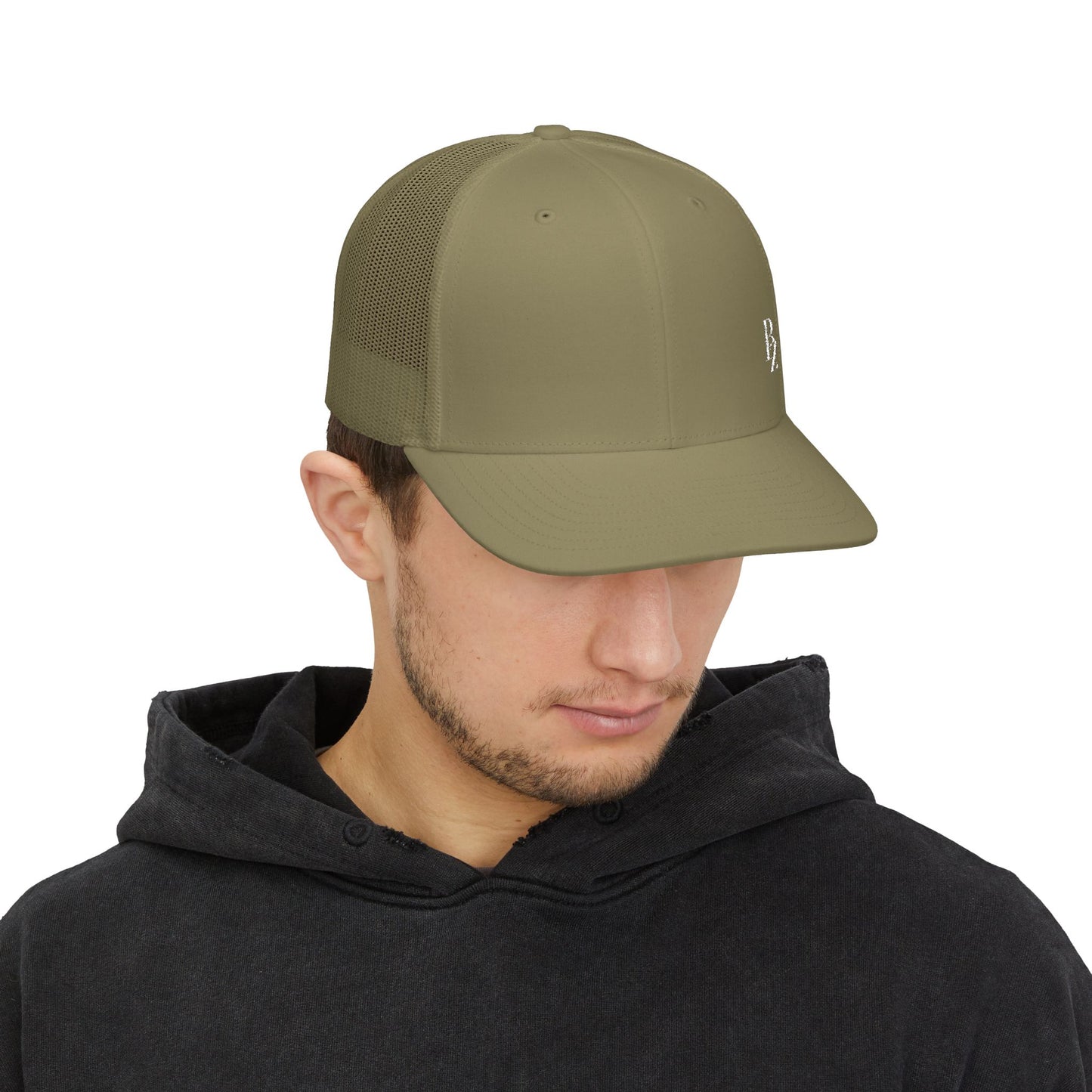 Embroidered 'BZ' Snapback Trucker Cap — Black Front White Mesh Hat