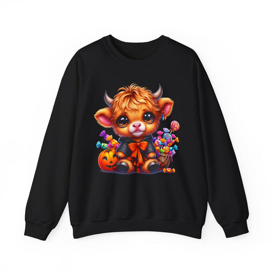 Halloween Highland Cow Sweatshirt — Cute Cow Pumpkin Candy Design - Halloween Sweatshirt - Cow Sweater - Halloween Costume