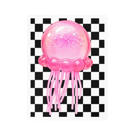 Pink Jellyfish Vinyl Sticker — Glitter Jelly on Black & White Checkered Background (Kiss-Cut Decal) - need stickers - kids squishy sticker
