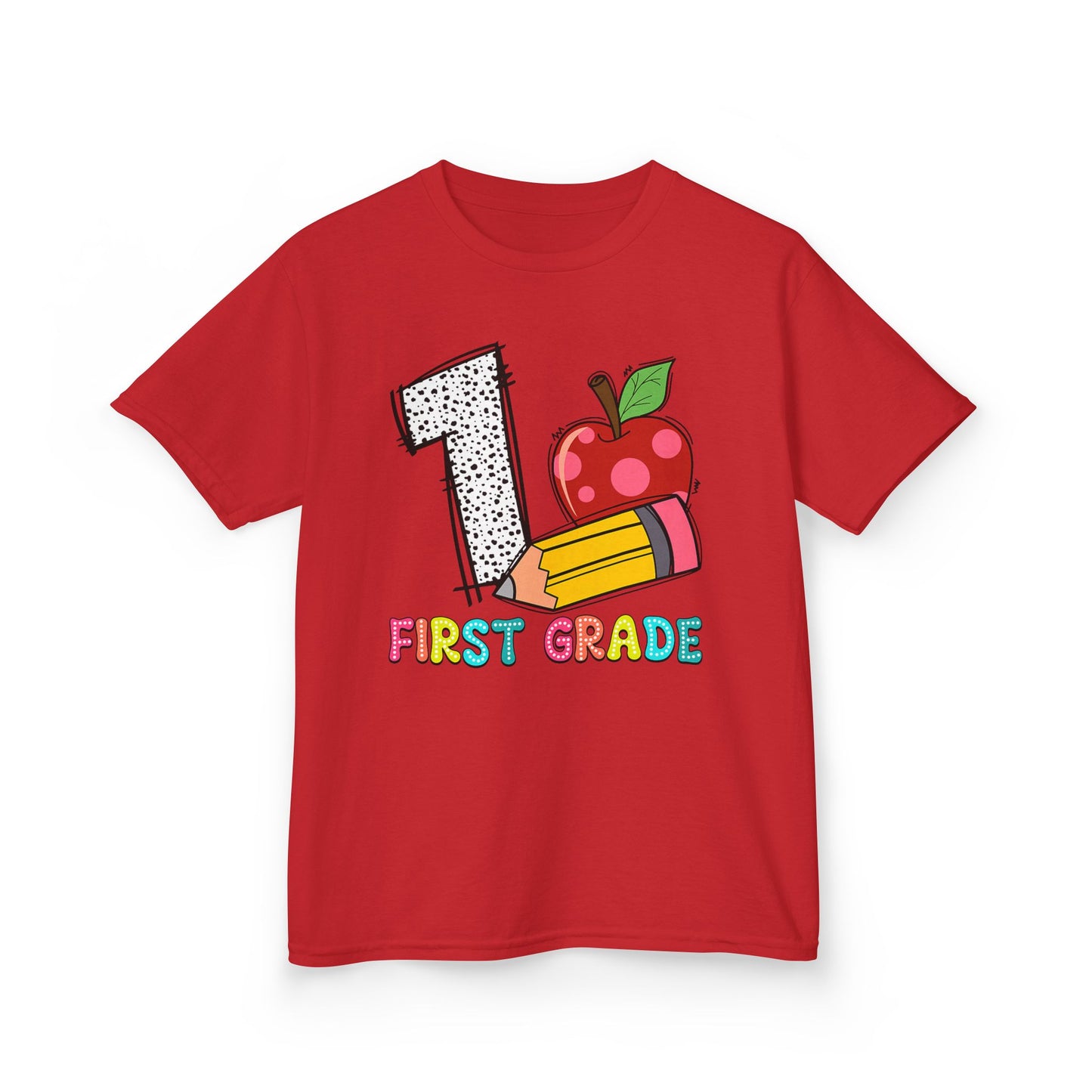 First Grade Kids T‑Shirt — Colorful '1 First Grade' Apple & Pencil Back-to-School Tee