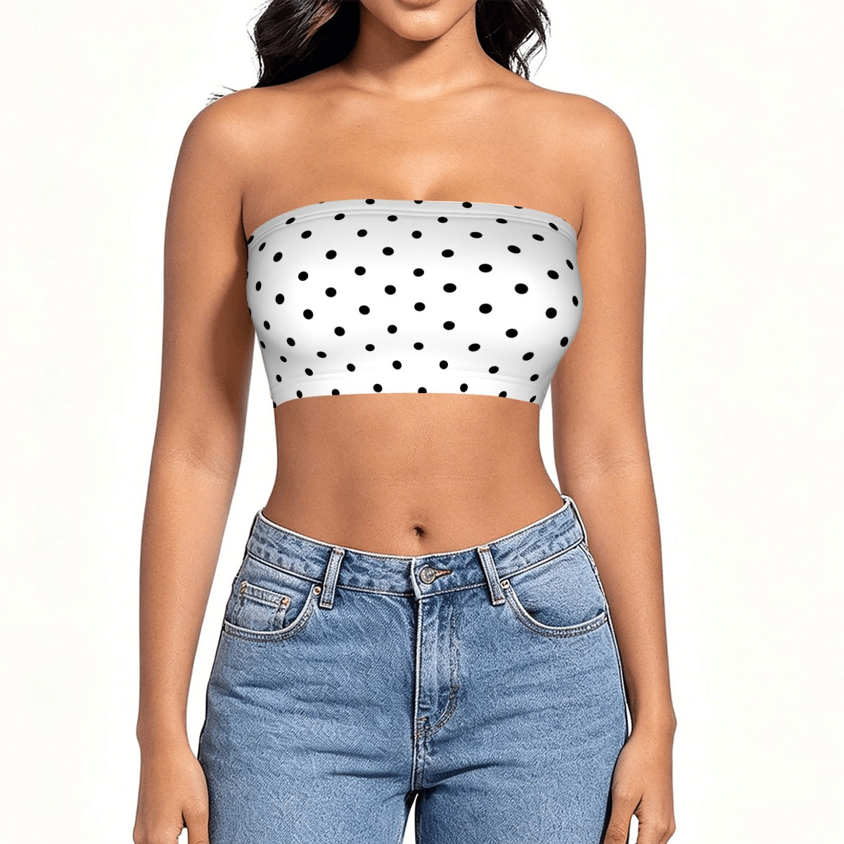 Women's Black & White Polka Dot Strapless Tube Top | Trendy Y2K Summer Bandeau Crop Top | Cute Vacation & Going Out Fashion
