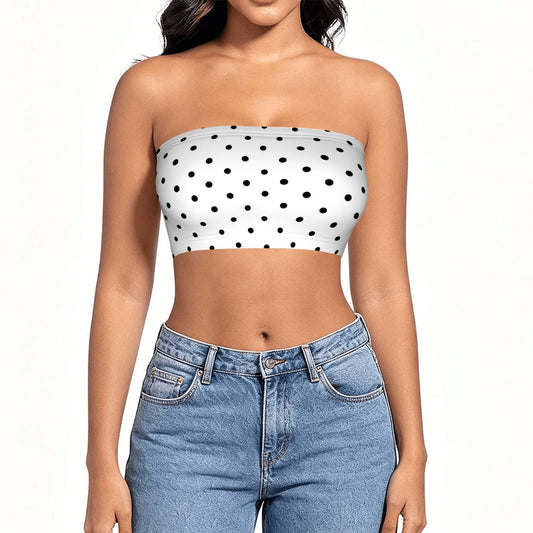 Women's Black & White Polka Dot Strapless Tube Top | Trendy Y2K Summer Bandeau Crop Top | Cute Vacation & Going Out Fashion