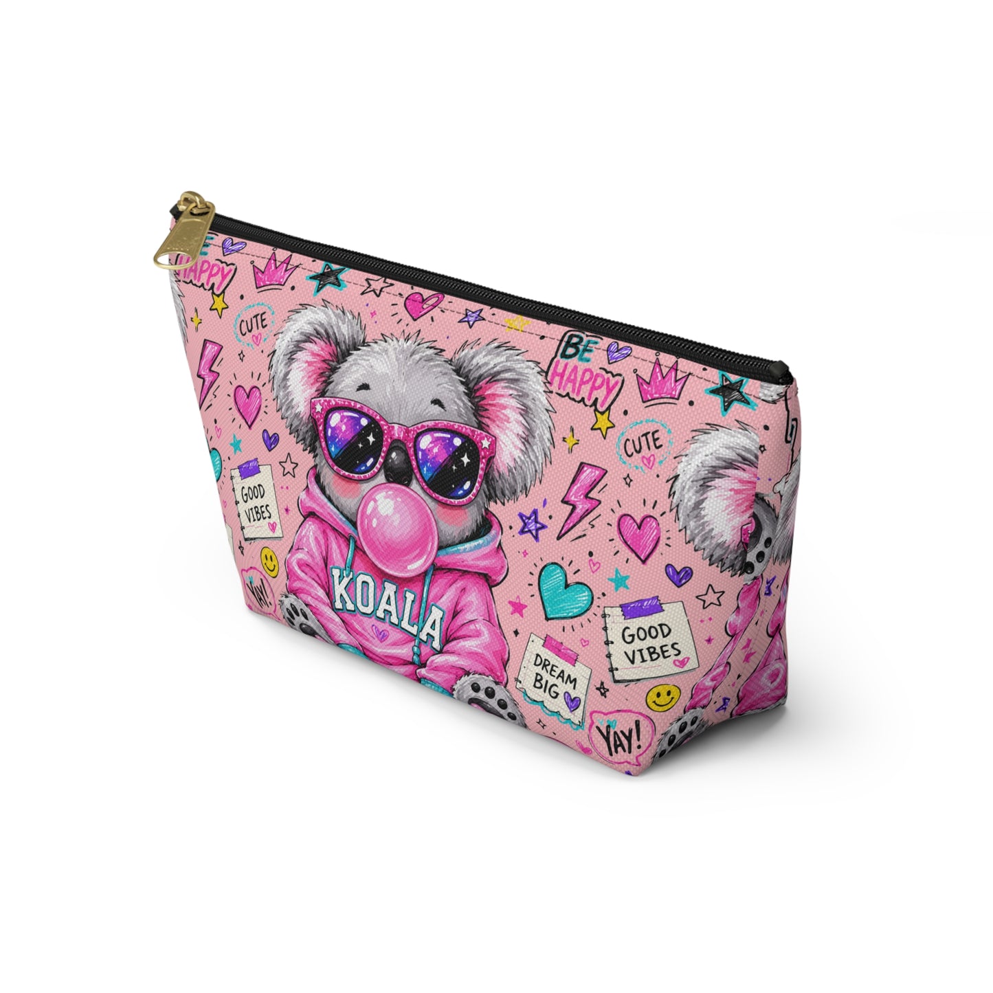 Cute Koala Bubblegum Accessory Pouch — Pink T-Bottom Makeup Bag with 'Koala' Hoodie & Good Vibes Pattern