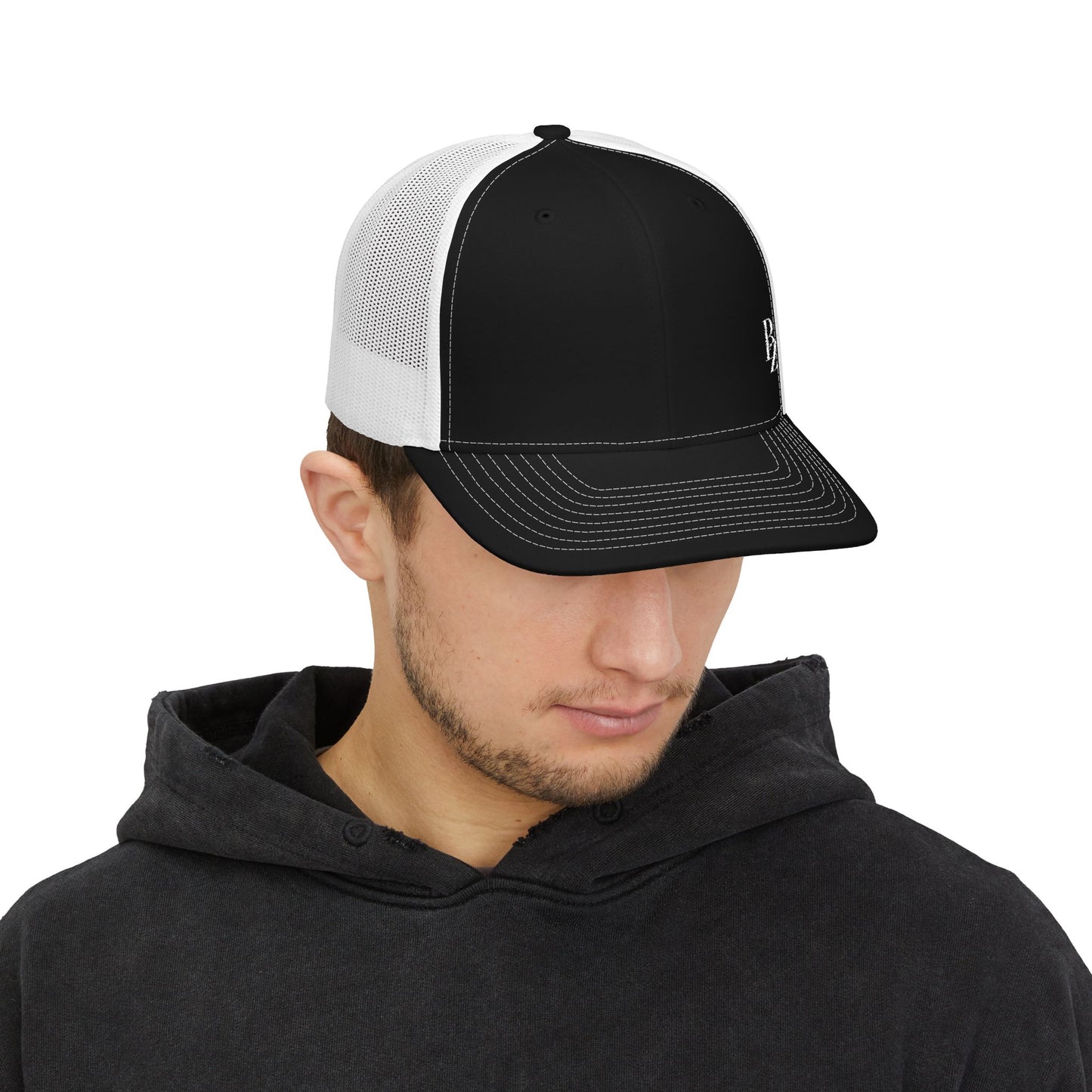 Embroidered 'BZ' Snapback Trucker Cap — Black Front White Mesh Hat