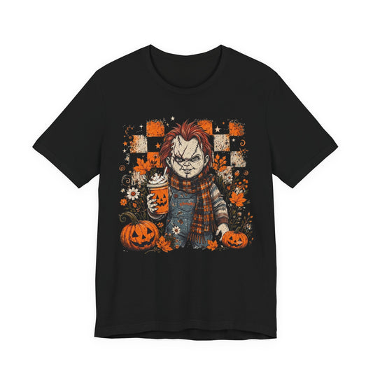 Chucky Pumpkin Patch Halloween Tee -Vintage Horror Doll Halloween T-Shirt | Spooky Slasher-Inspired Graphic Tee | Gothic Pumpkin Halloween Shirt | Unisex Horror Halloween Tee | Fall Gift