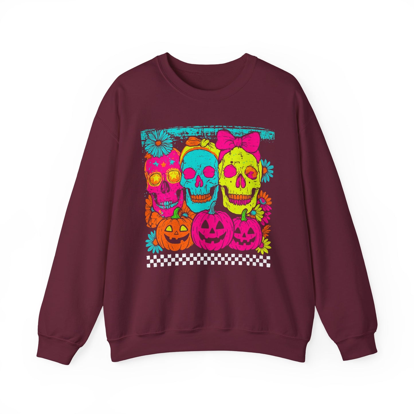 Neon Day of the Dead Sweatshirt — Colorful Skull & Pumpkin Halloween Crewneck - Halloween Sweater - Halloween Sweatshirts- Gifts for Mom