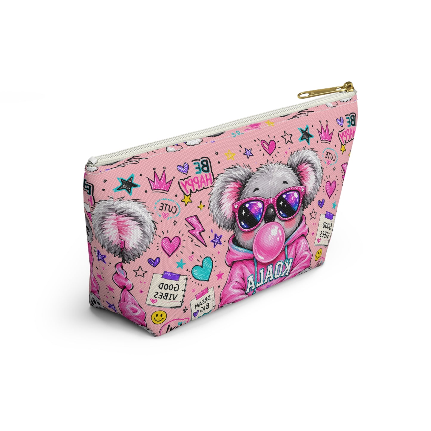 Cute Koala Bubblegum Accessory Pouch — Pink T-Bottom Makeup Bag with 'Koala' Hoodie & Good Vibes Pattern