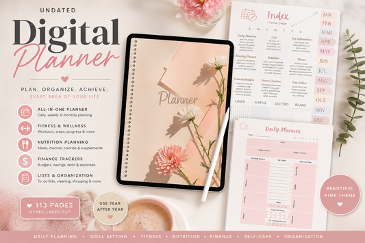 Undated Digital Planner | All-in-One Life, Budget, Fitness & Wellness Planner | Pink Digital Planner