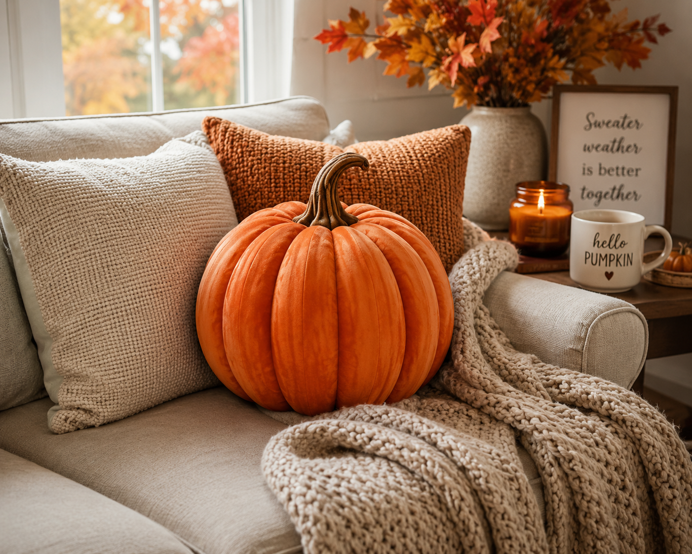 Pumpkin Shaped Pillow — Decorative Fall Pumpkin Cushion for Autumn & Halloween