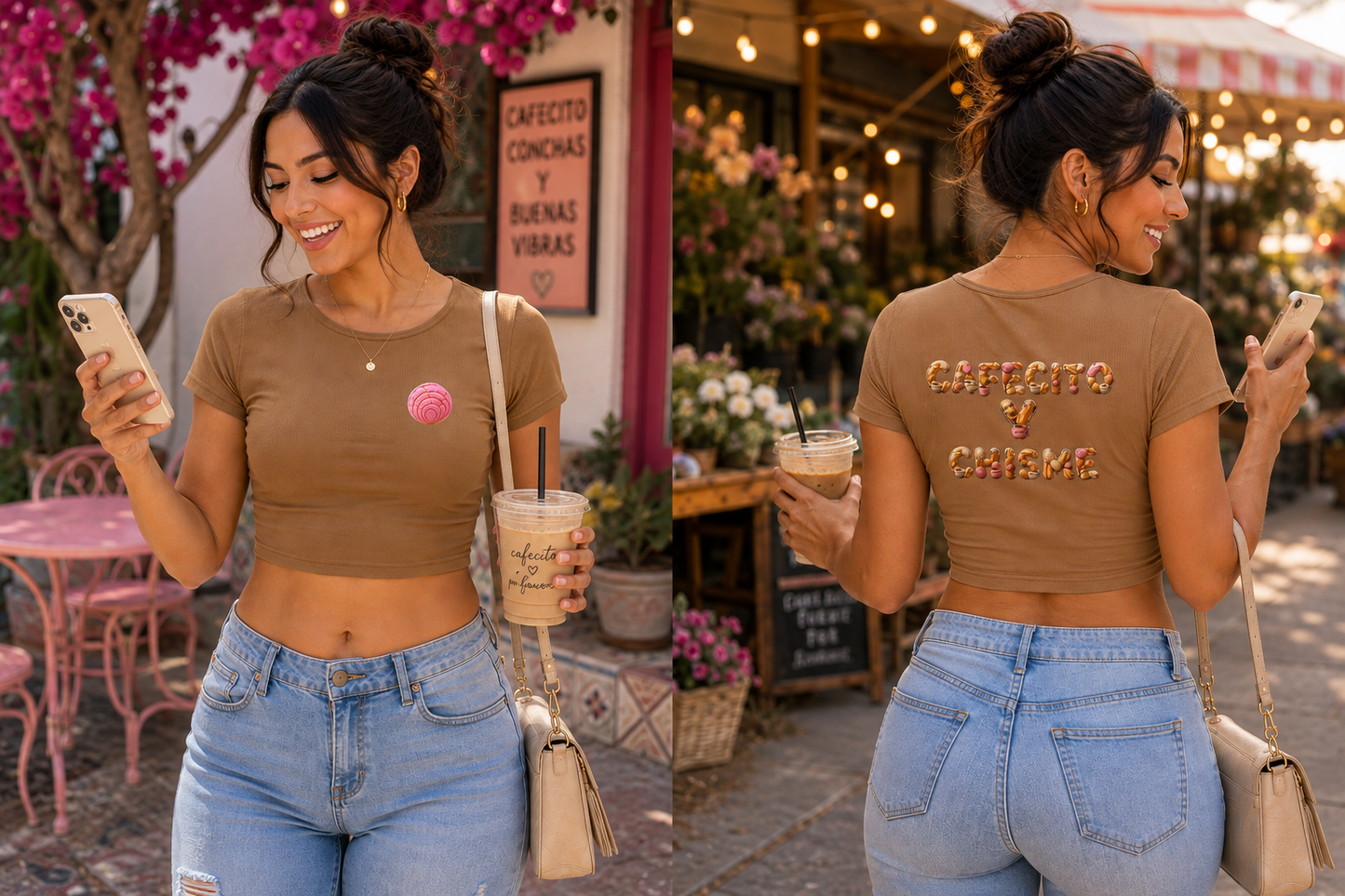 Cafecito y Chisme Ruched Crop Top – Latina Pan Dulce Graphic Tee