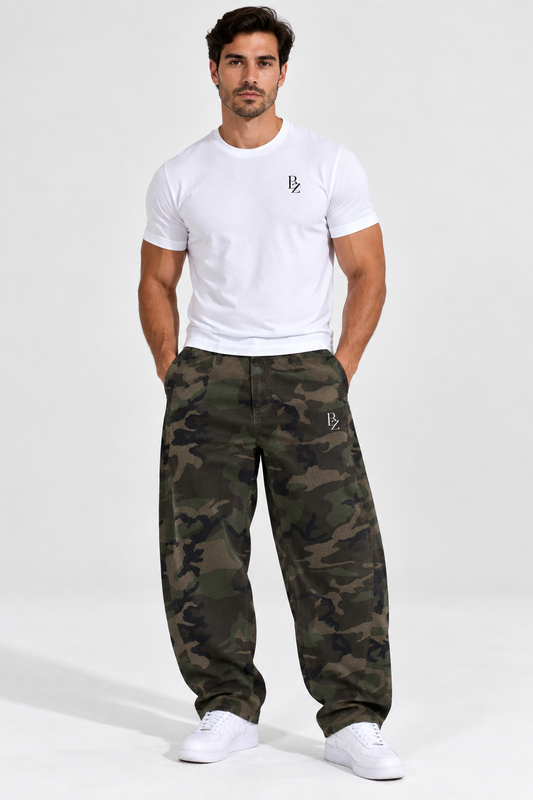 BZ Men’s Camo Barrel-Leg Cargo Pants | Utility Streetwear