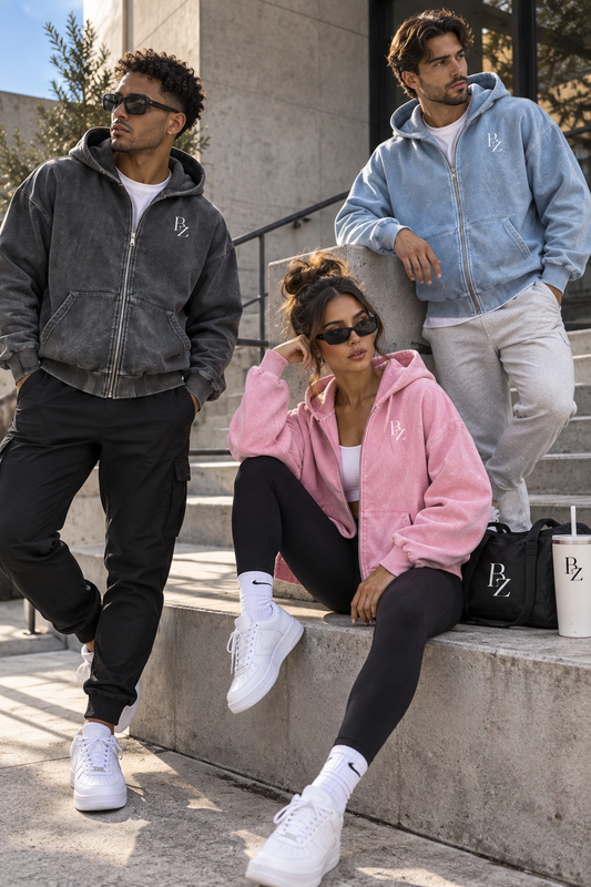 BZ Unisex Mineral Wash Boxy Zip Hoodie | Premium Vintage Streetwear