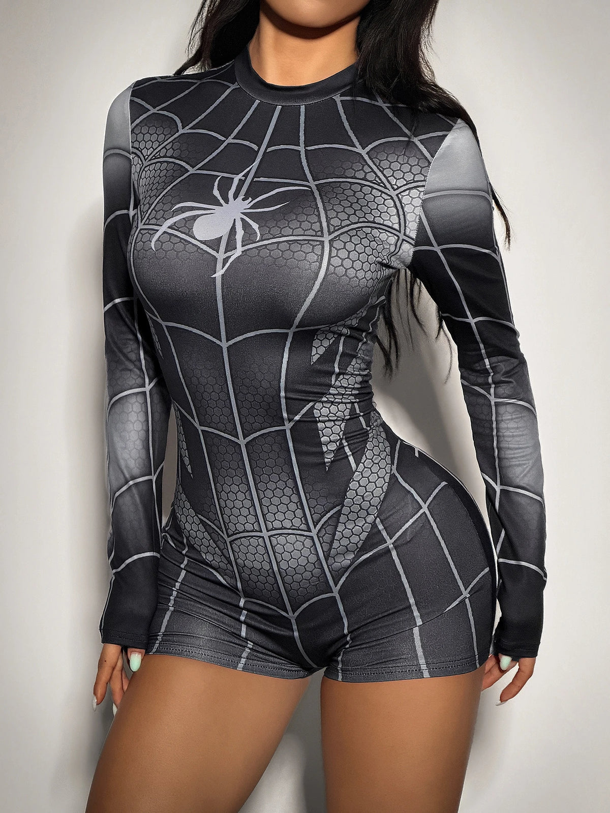ICON Women Spider Web Print Fitted Romper, Halloween Costumes for Women