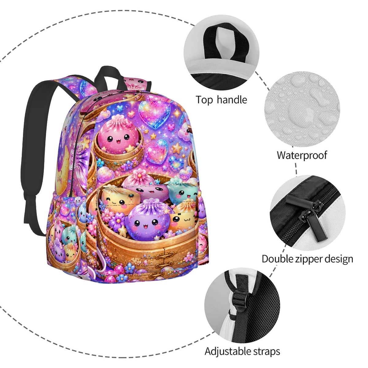 Cute Kawaii Dumpling Pattern Backpack — Colorful Pastel Moon & Stars School Bag