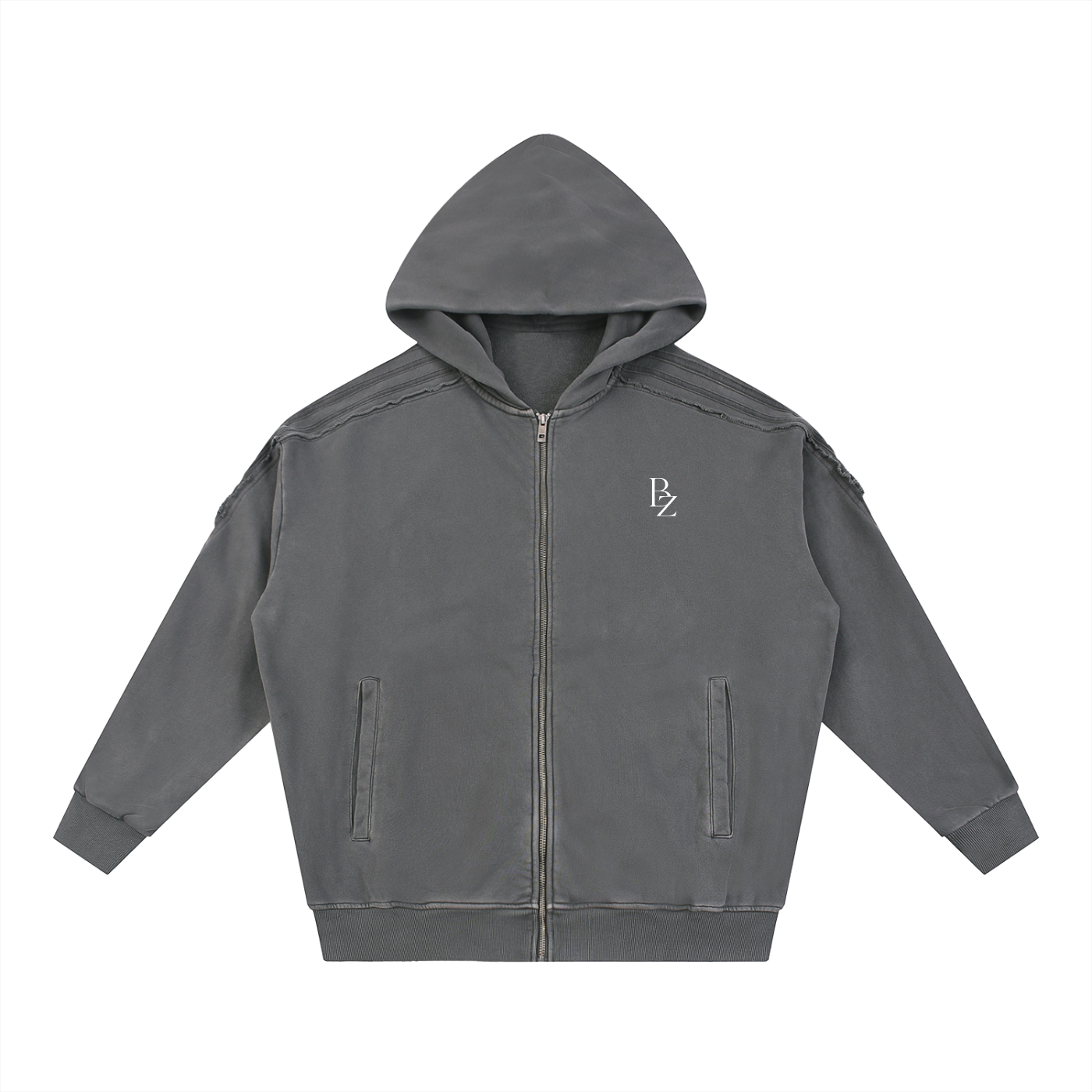Snow Washed Tape Raw Edge Zip Hoodie
