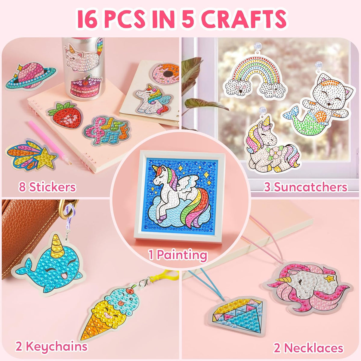 16 Projects Gem Painting, Kids Diamond Art Kit for Kids with 5D Diamond, Arts and Crafts for Girls Ages 6-12, Gem Craft Activities Kits, Premium Art Gift Ideas for Girls Ages 6, 7, 8+