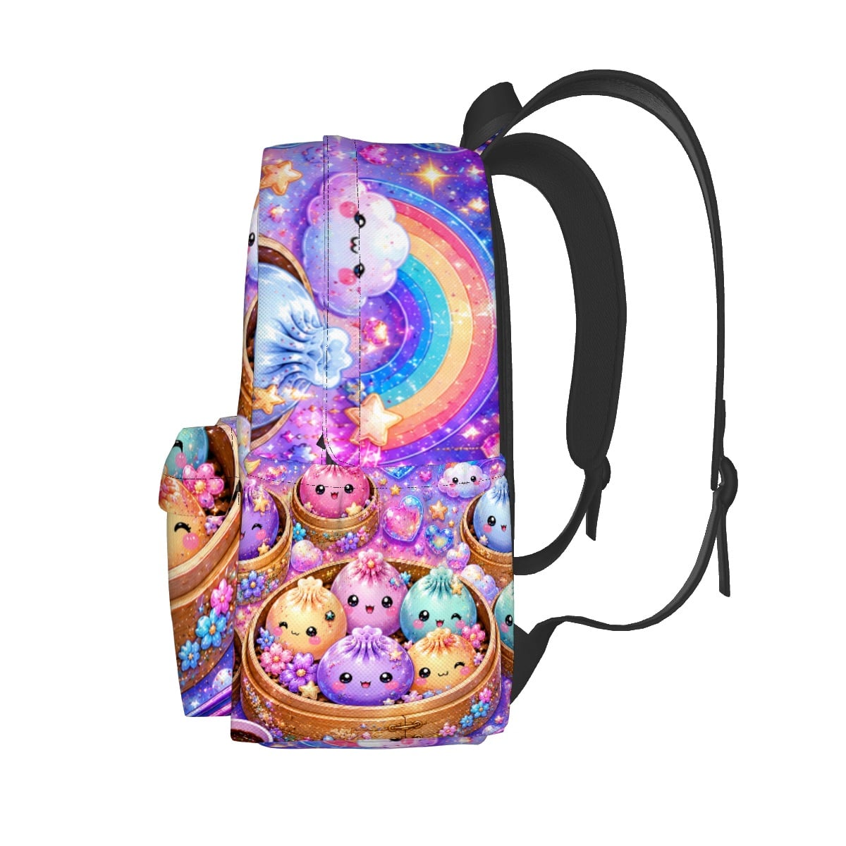 Cute Kawaii Dumpling Pattern Backpack — Colorful Pastel Moon & Stars School Bag