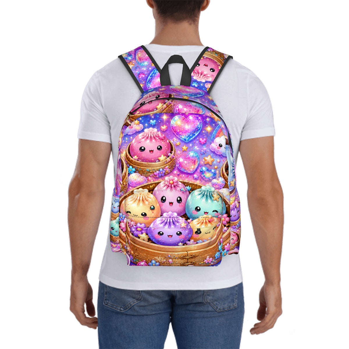 Cute Kawaii Dumpling Pattern Backpack — Colorful Pastel Moon & Stars School Bag