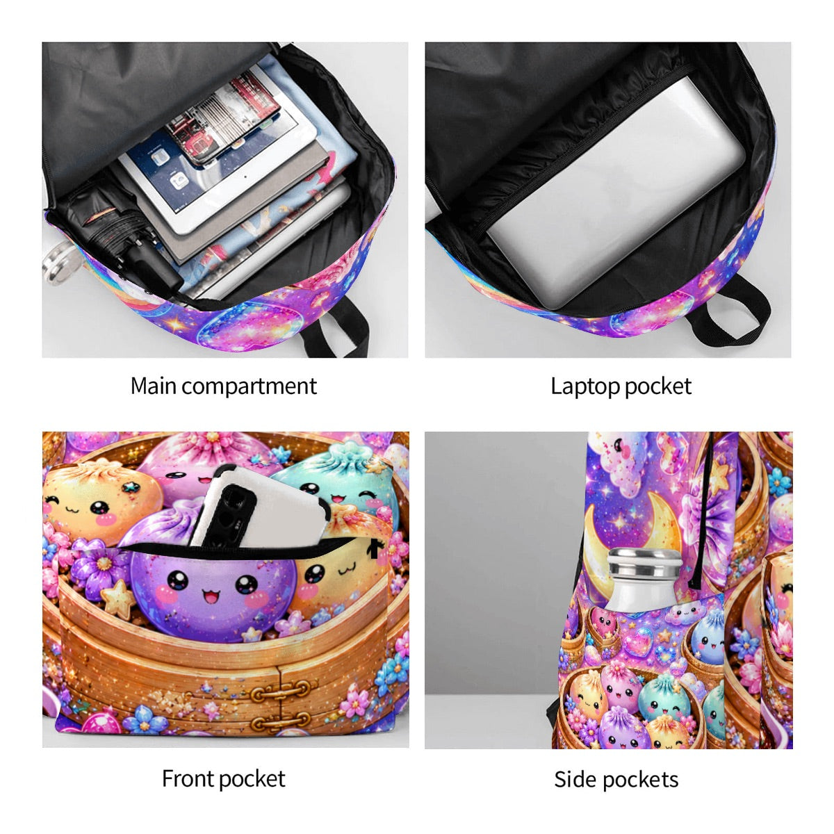 Cute Kawaii Dumpling Pattern Backpack — Colorful Pastel Moon & Stars School Bag