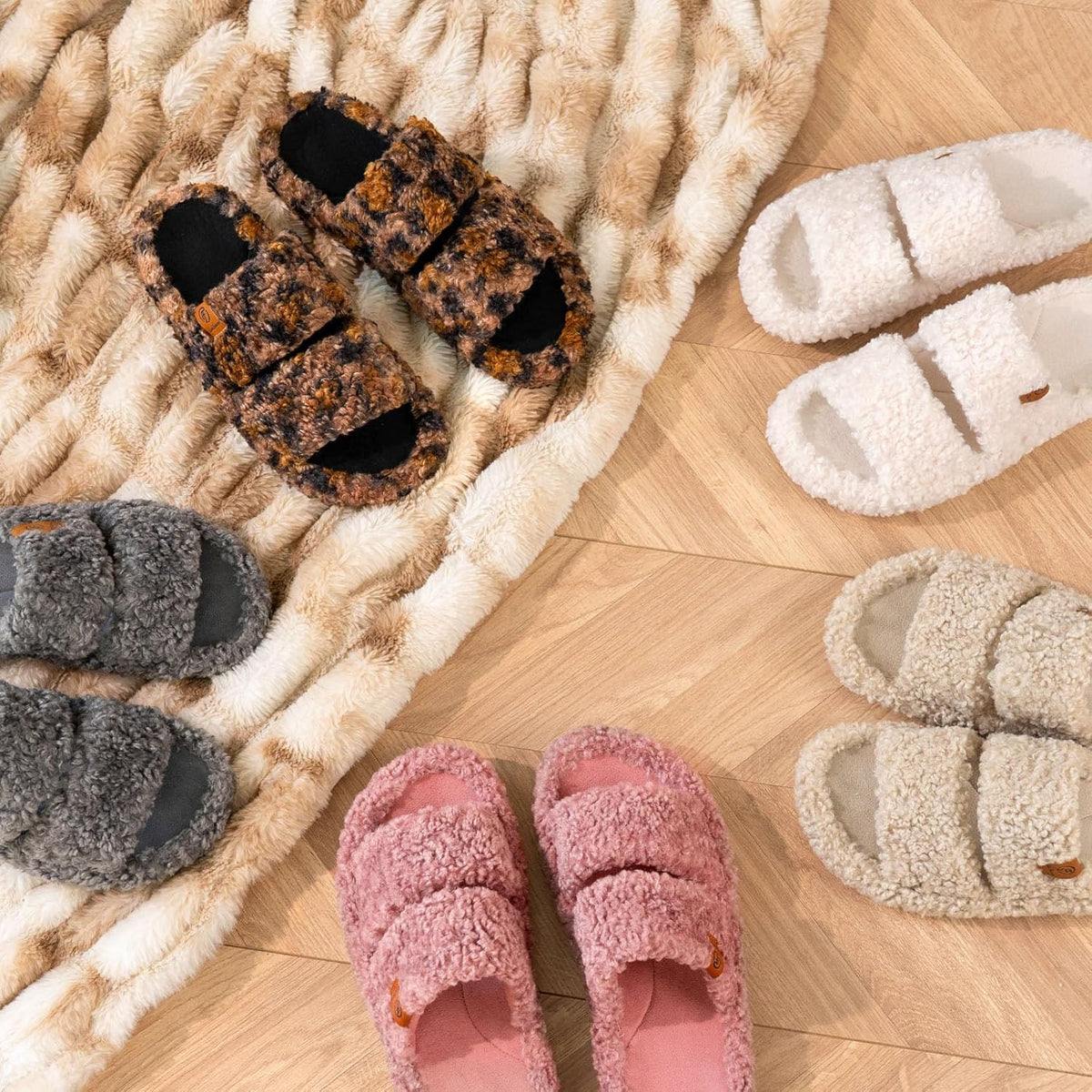 Womens Fuzzy Open-Toe Slippers Memory Foam Indoor House Shoes