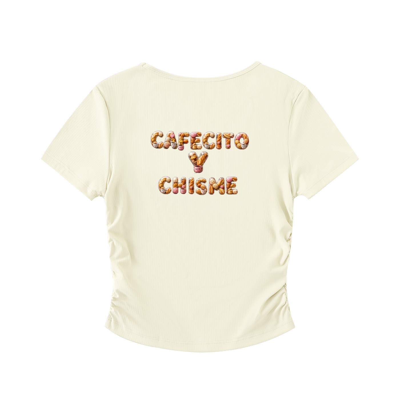 Cafecito y Chisme Ruched Crop Top – Latina Pan Dulce Graphic Tee