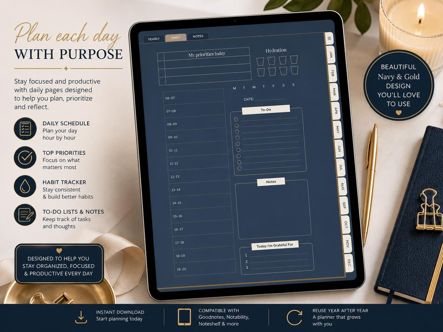 2026 Luxury Digital Planner | Navy Gold Hyperlinked Goodnotes iPad PDF