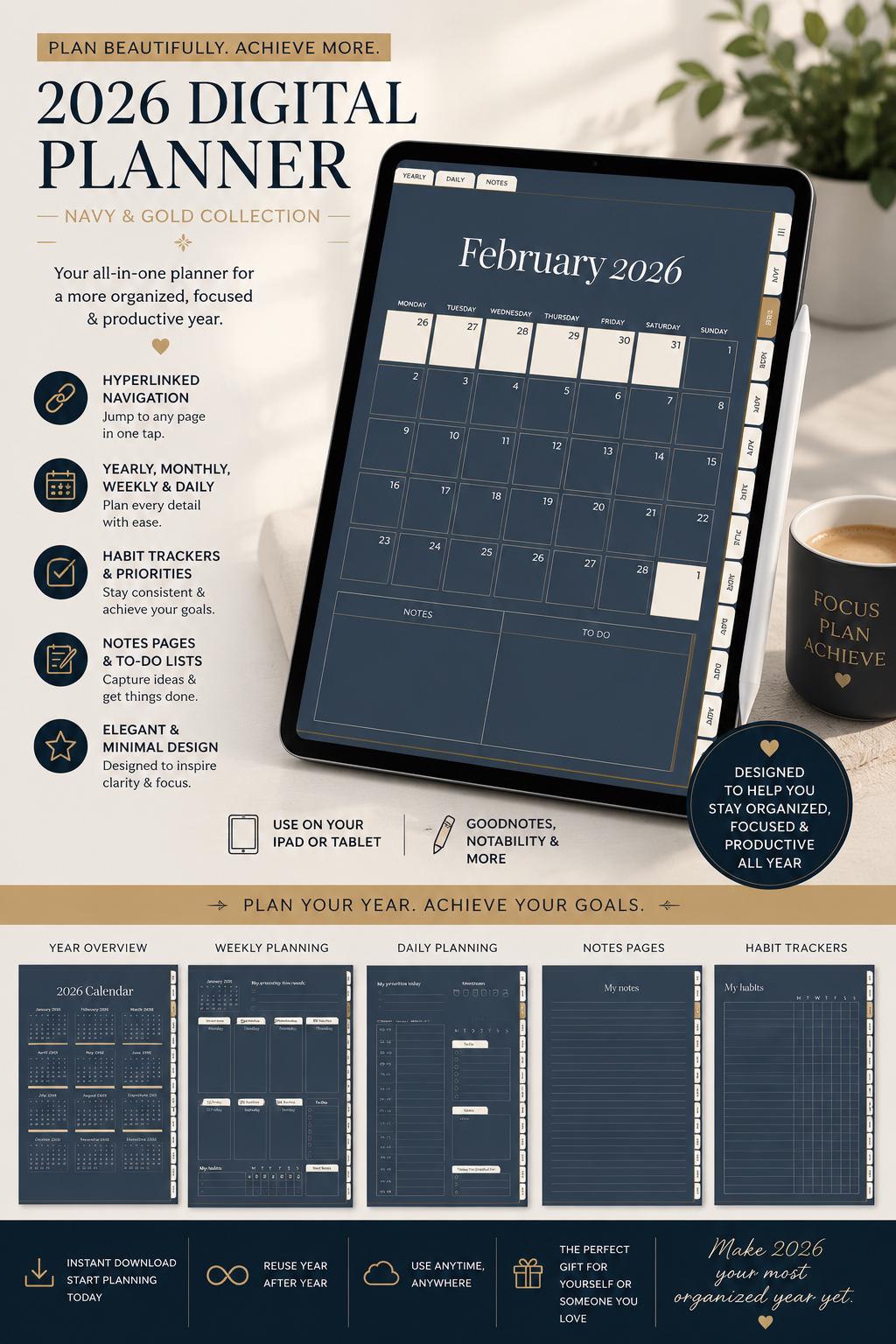 2026 Luxury Digital Planner | Navy Gold Hyperlinked Goodnotes iPad PDF