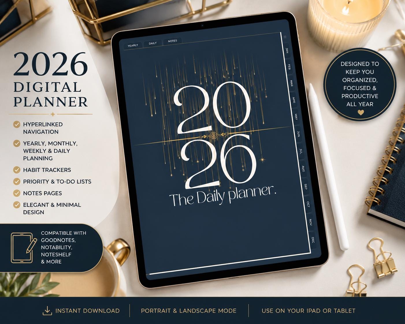 2026 Luxury Digital Planner | Navy Gold Hyperlinked Goodnotes iPad PDF