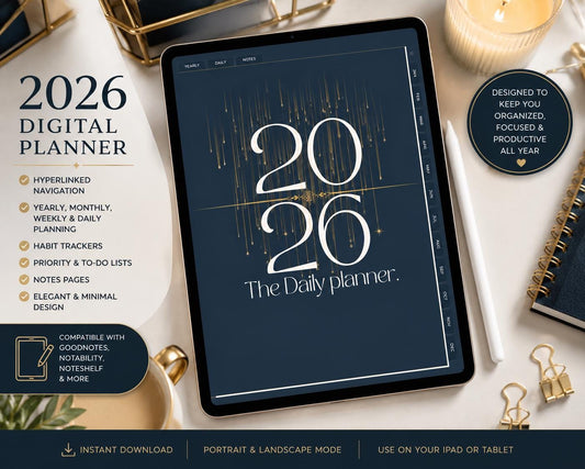 2026 Luxury Digital Planner | Navy Gold Hyperlinked Goodnotes iPad PDF