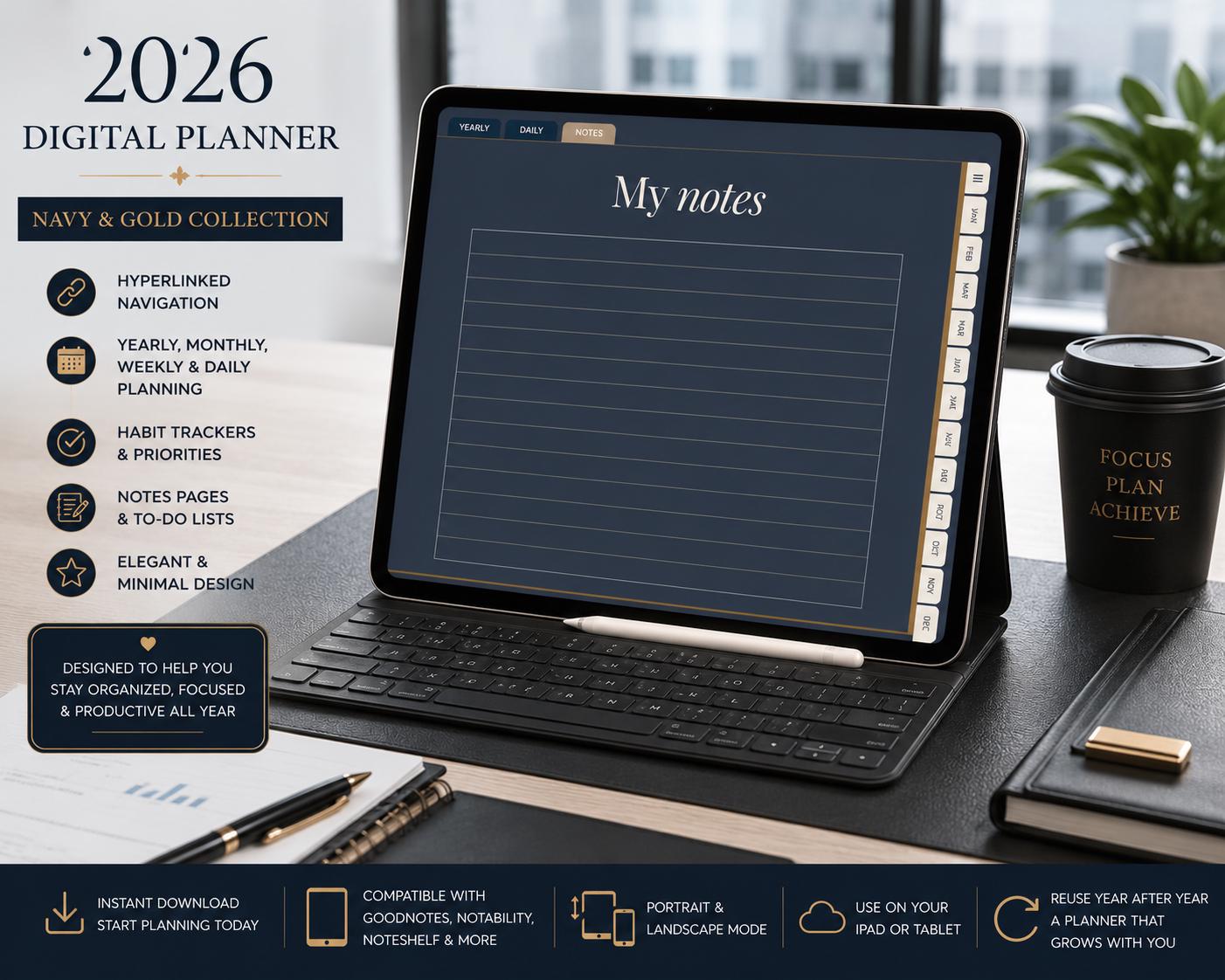 2026 Luxury Digital Planner | Navy Gold Hyperlinked Goodnotes iPad PDF