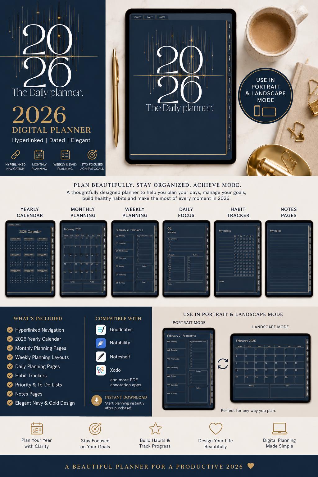 2026 Luxury Digital Planner | Navy Gold Hyperlinked Goodnotes iPad PDF