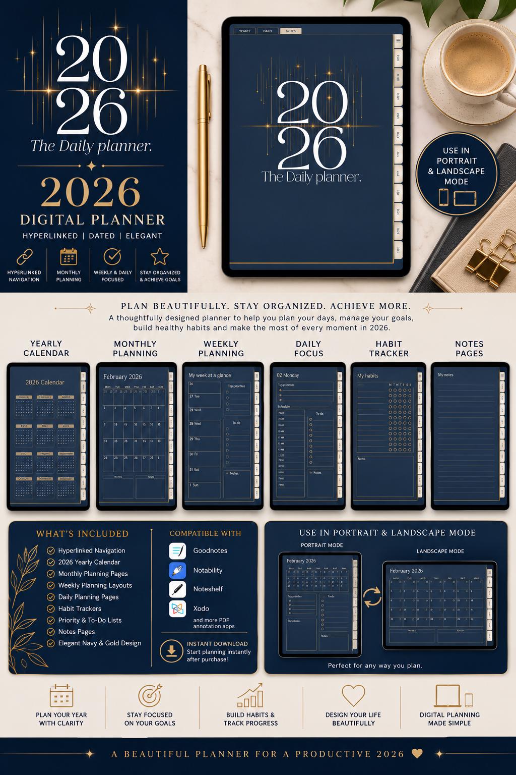2026 Luxury Digital Planner | Navy Gold Hyperlinked Goodnotes iPad PDF