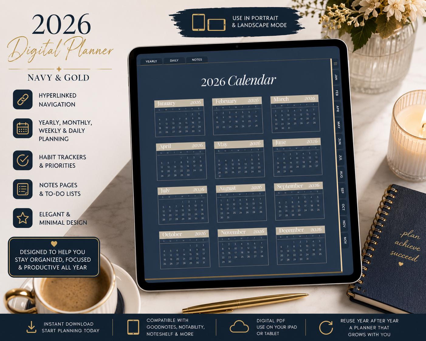 2026 Luxury Digital Planner | Navy Gold Hyperlinked Goodnotes iPad PDF