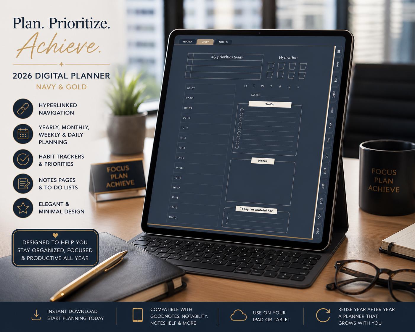 2026 Luxury Digital Planner | Navy Gold Hyperlinked Goodnotes iPad PDF